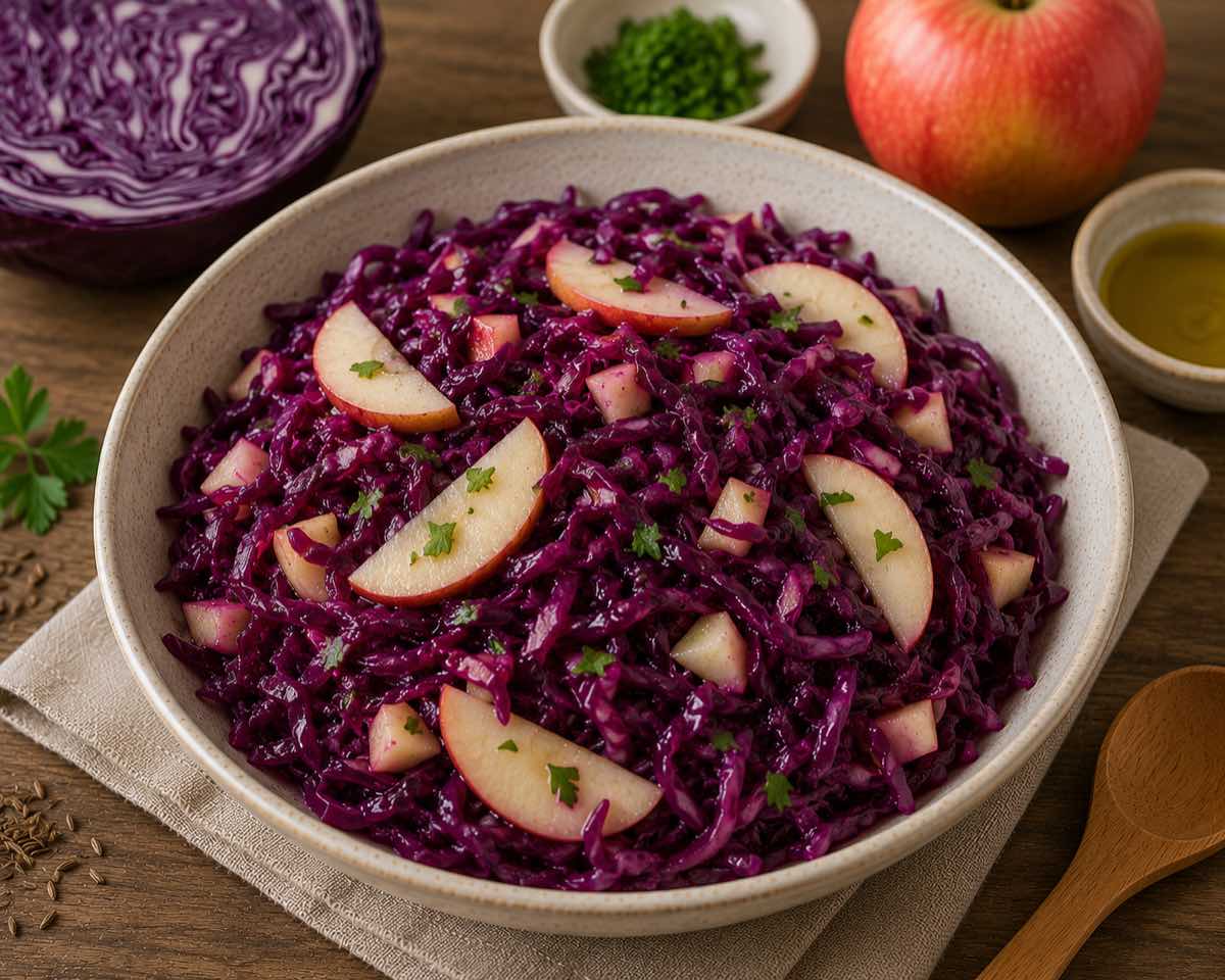 Cuenco de col lombarda dulce con manzana