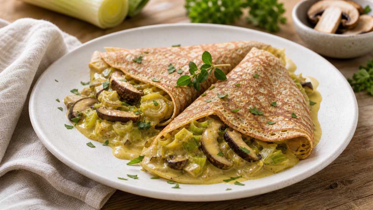 Crepes de espelta rellenos de crema de puerros y shiitake al curry
