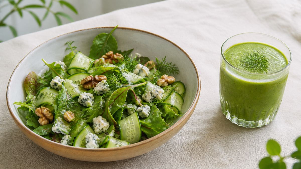 Ensalada con queso azul y green smoothie con agua de mar