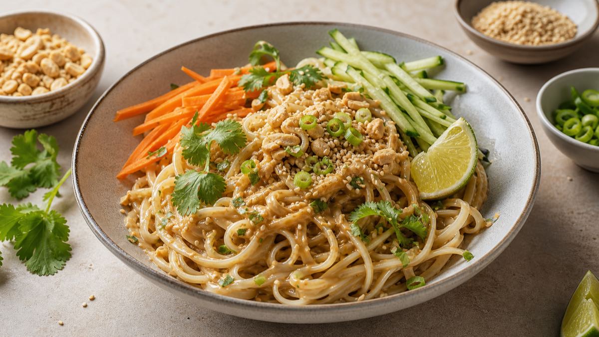 Fideos de arroz con salsa de frutos secos