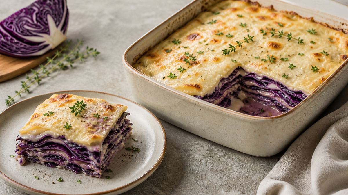 Lasaña de lombarda con bechamel de avena por Bibiana Díez