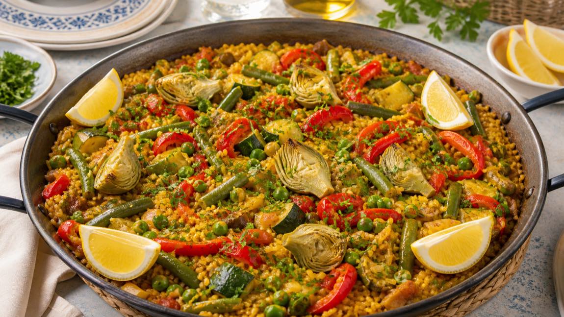 Paella vegetariana con verduras de temporada