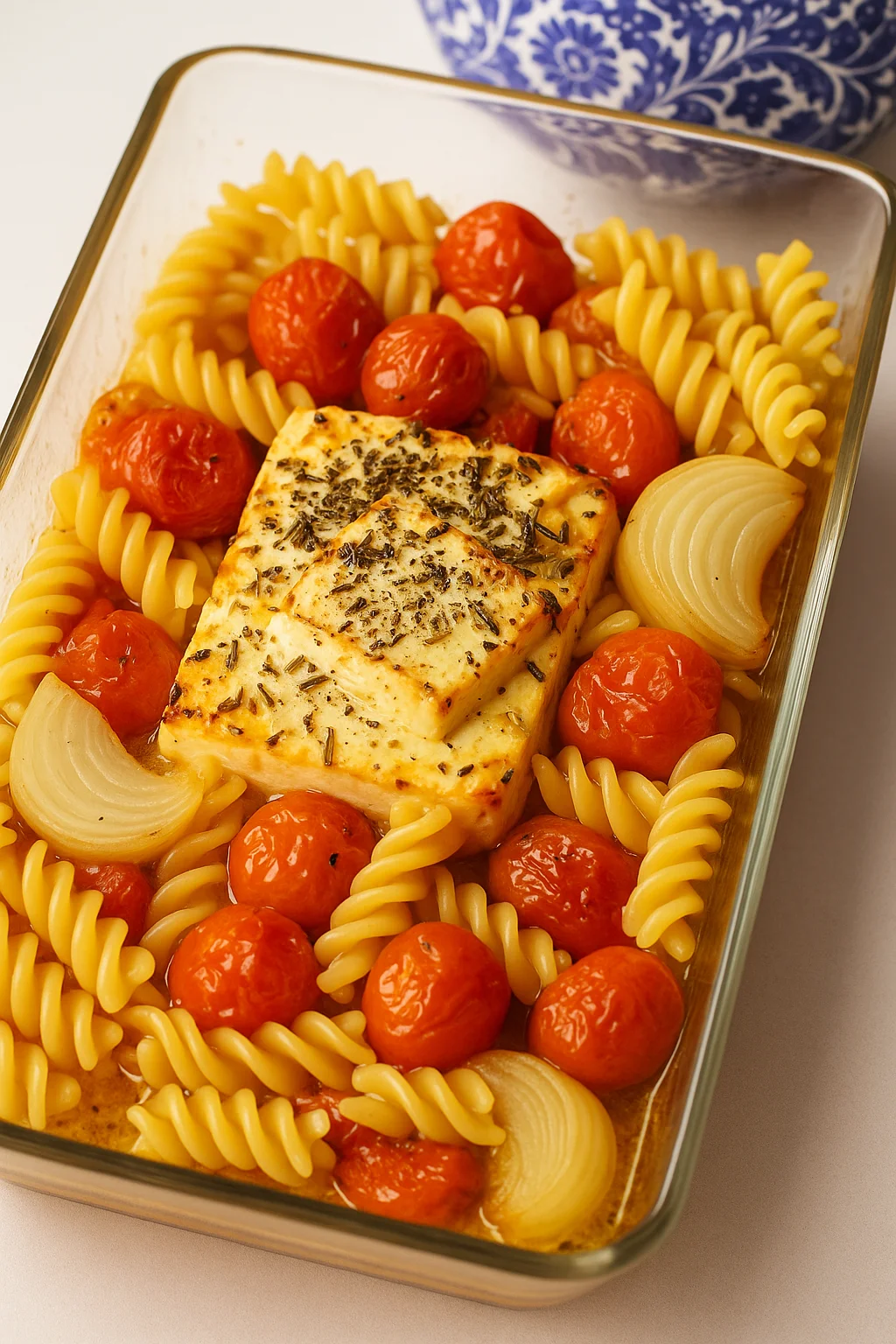 pasta al horno con feta tomates cherry y cebolla receta saludable anticáncer